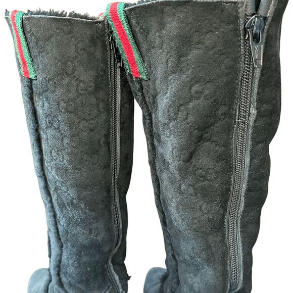 Gucci GG Monogram Web Black Suede Knee High Boots Size 7 Wedge Heel 14" Shaft - Picture 3 of 11